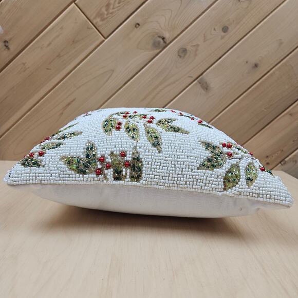 Glitz + Glimmer Beaded Holiday Pillow 12" x 12" Christmas Holly Berry Holiday - Picture 2 of 10